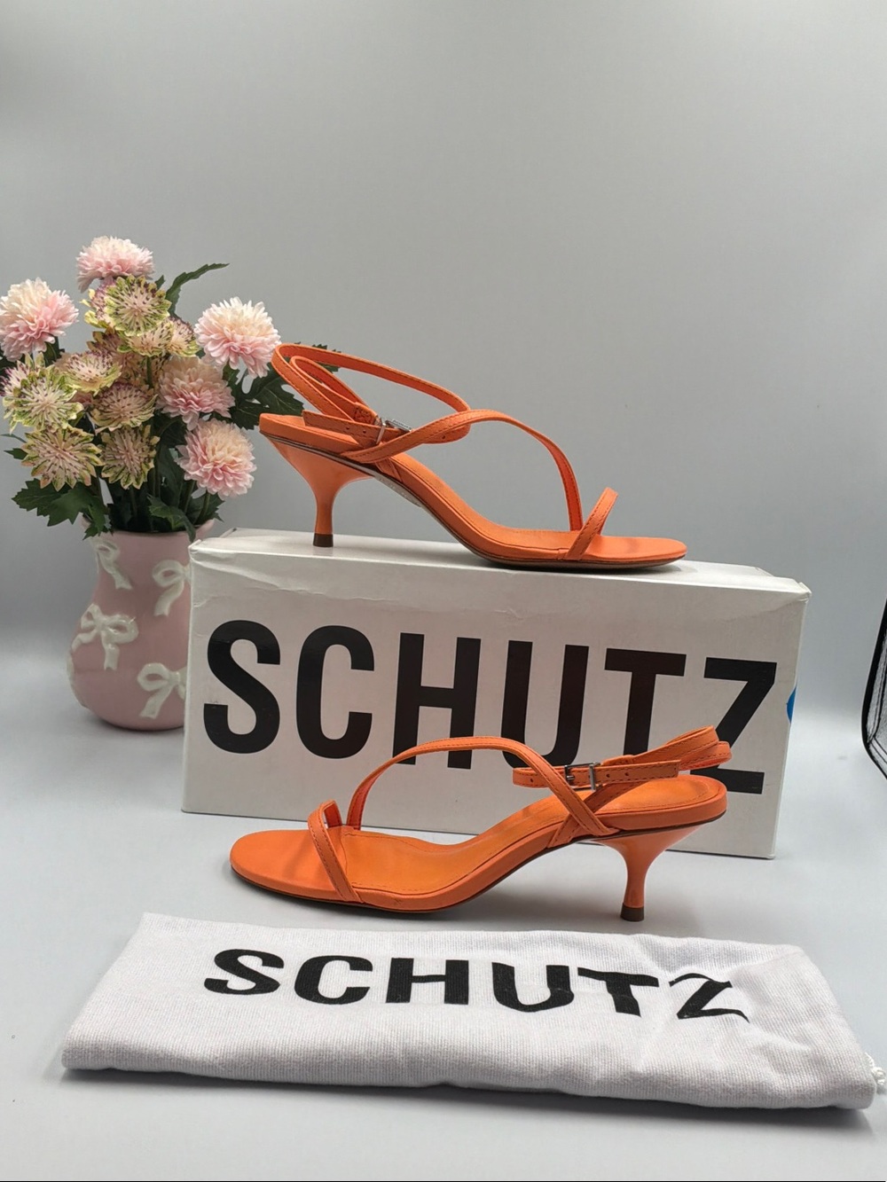 SCHUTZ Bright Orange Strappy Kitten Heel Sandals